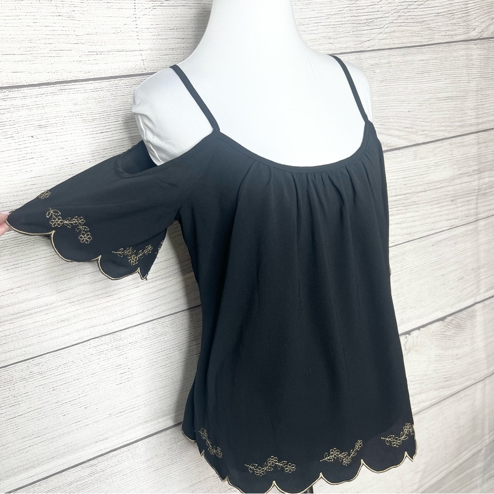 HeartSoul Black Cold Shoulder Blouse Top Gold floral Trim Size Medium